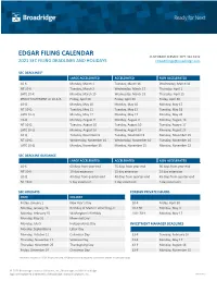 EDGAR FILING CALENDAR CUSTOMER SERVICE: 877.432.3342 2021 SEC FILING DEADLINES and HOLIDAYS Edgarfilings@Broadridge.Com