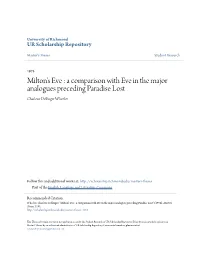 Milton's Eve : a Comparison with Eve in the Major Analogues Preceding Paradise Lost Charlene Dellinger Wheeler