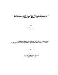 Photography, Text, and the Limits of Representation in Marcel Proust’S in Search of Lost Time and Roland Barthes’S Camera Lucida