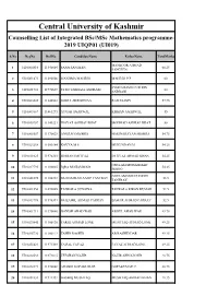 Central University of Kashmir Counselling List of Integrated Bsc/Msc Mathematics Programme- 2019 UIQP01 (UI019)