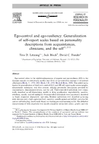 Ego-Control and Ego-Resiliency: Generalization of Self-Report Scales Based on Personality Descriptions from Acquaintances, Clinicians, and the Selfq,Qq