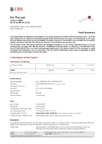 Put Warrant Linked to SMI® Issued by UBS AG, Zurich