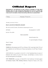 Proceedings and Debates of the National Assembly of the First Session (2015) of the Eleventh Parliament of Guyana Under the Cons