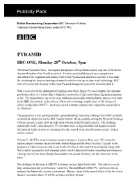 PYRAMID BBC ONE, Monday 28Th October, 9Pm