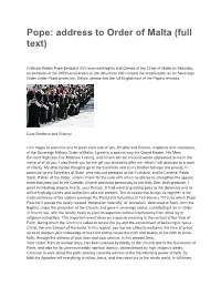 Pope: Address to Order of Malta (Full Text)