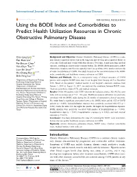 Using the BODE Index and Comorbidities to Predict Health Utilization Resources in Chronic Obstructive Pulmonary Disease