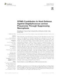 STING Contributes to Host Defense Against Staphylococcus Aureus Pneumonia Through Suppressing Necroptosis