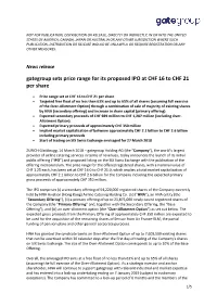 Gategroup Sets Price Range for Its Proposed IPO at CHF 16 to CHF 21 Per Share