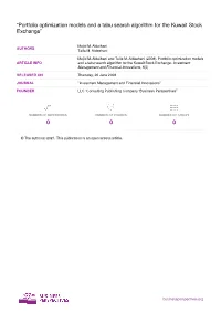 Portfolio Optimization Models and a Tabu Search Algorithm for the Kuwait Stock Exchange”