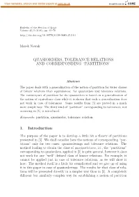 Quasiorders, Tolerance Relations and Corresponding “Partitions”
