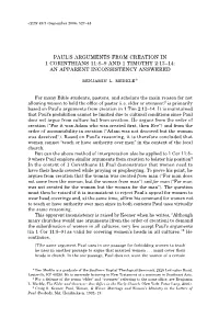 Paul's Arguments from Creation in 1 Corinthians 11:8–9 and 1 Timothy 2