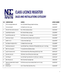 Class Licence Register Sales and Installations Category