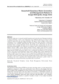 Household Hazardous Waste Generation and Management Patterns in Enugu Metropolis, Enugu State