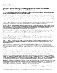Johnson & Johnson and Elan Corporation Plc Announce Definitive Agreement for Alzheimer's Immunotherapy Program and Equity In