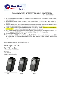 EU DECLARATION of SAFETY GOGGLES CONFORMITY No: BBSHELMETA3