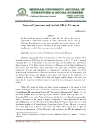 Issues of Governor and Article 356 in Mizoram