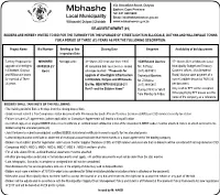 Mbhashe Local Municipality Does Not Bind Itself to Accept the Lowest Or Any Bid and Reserves the Right Not to Accept the Whole Or Any Part of the Bid