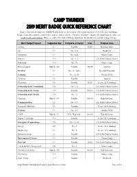 Camp Thunder 2019 Merit Badge Quick Reference Chart