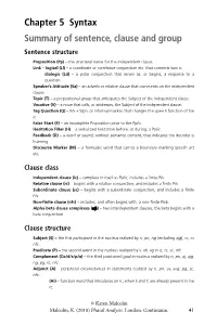 Chapter 5 Syntax Summary of Sentence, Clause and Group Sentence Structure