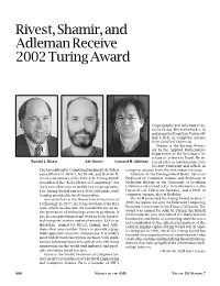 Rivest, Shamir, and Adleman Receive 2002 Turing Award, Volume 50