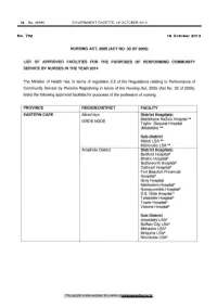 Nursing Act: List of Approved Facilities for the Purposes of Performing Community Service by Nurses in the Year 2014