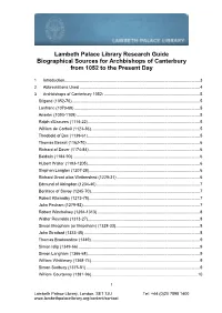 Lambeth Palace Library Research Guide Biographical Sources for Archbishops of Canterbury from 1052 to the Present Day