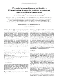 DNA Methylation Profiling Analysis Identifies a DNA Methylation Signature for Predicting Prognosis and Recurrence of Lung Adenocarcinoma