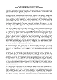 To the Most Reverend Father Jozef Wouters, Abbot General of the Premonstratensian Canons Regular. I Learned the Good News That Y
