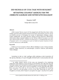 Did Nicholas of Cusa Talk with Muslims? Revisiting Cusanus’ Sources for the Cribratio Alkorani and Interfaith Dialogue *