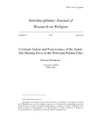Certitudo Salutis and Perseverance of the Saints: the Missing Piece in the Weberian Puritan Ethic