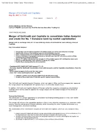 Merger of Unicredit and Capitalia to Consolidate Italian Footprint and Create the No
