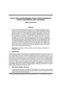 Role of Meta Search Engines in Web- Based Information System: Fundamentals and Challenges