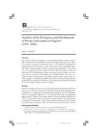 Analysis of the Emergence and Development of Private Universities in Nigeria* (1999–2006)