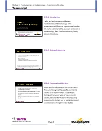 Module 2: Fundamentals of Epidemiology – Experimental Studies Transcript