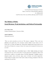 The Malaise of Malta: Social Divisions, Weak Institutions, and Political Partisanship