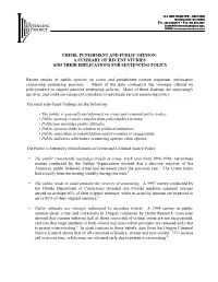 Crime, Punishment and Public Opinion: a Summary of Recent Studies and Their Implications for Sentencing Policy