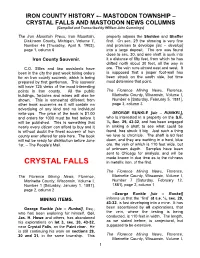 CRYSTAL FALLS and MASTODON NEWS COLUMNS [Compiled and Transcribed by William John Cummings]