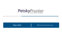 May 2016 M&A and Investment Summary Table of Contents