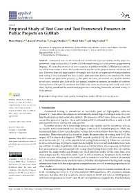 Empirical Study of Test Case and Test Framework Presence in Public Projects on Github