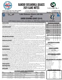 Rancho Cucamonga Quakes 2021 Game Notes