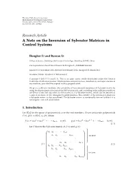 A Note on the Inversion of Sylvester Matrices in Control Systems