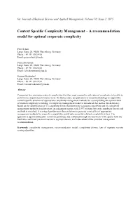 Context Specific Complexity Management – a Recommendation Model for Optimal Corporate Complexity