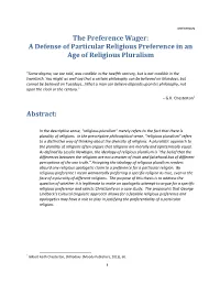 A Defense of Particular Religious Preference in an Age of Religious Pluralism