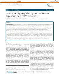Hax-1 Is Rapidly Degraded by the Proteasome Dependent on Its PEST
