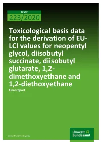 Toxicological Basis Data for the Derivation of EU-LCI Values For