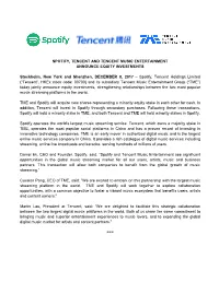 Spotify, Tencent and Tencent Music Entertainment Announce Equity Investments