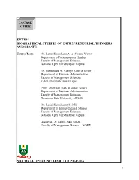 Ent 804 Biographical Studies of Entrepreneurial Thinkers and Giants National Open University of Nigeria Course Guide