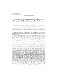 The Beginning of Roman Law Jurisprudence and Teaching in the Twelfth Century: the Authenticae