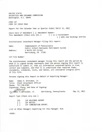 PSERS' Most Recent SEC Form 13F Filing