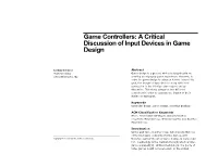 Game Controllers: a Critical Discussion of Input Devices in Game Design